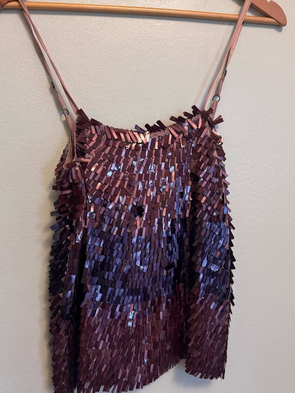 Alice + Olivia Blue Logo Label on Mauve Fringe Top